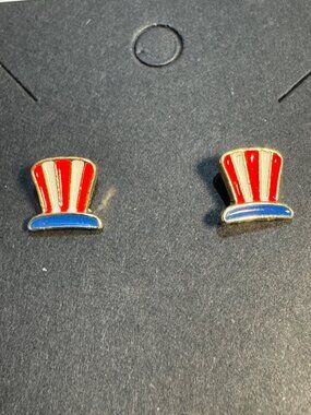 Patriotic Hat Stud Earrings Enamel Red White & Blue Gold-Tone Pre-Owned